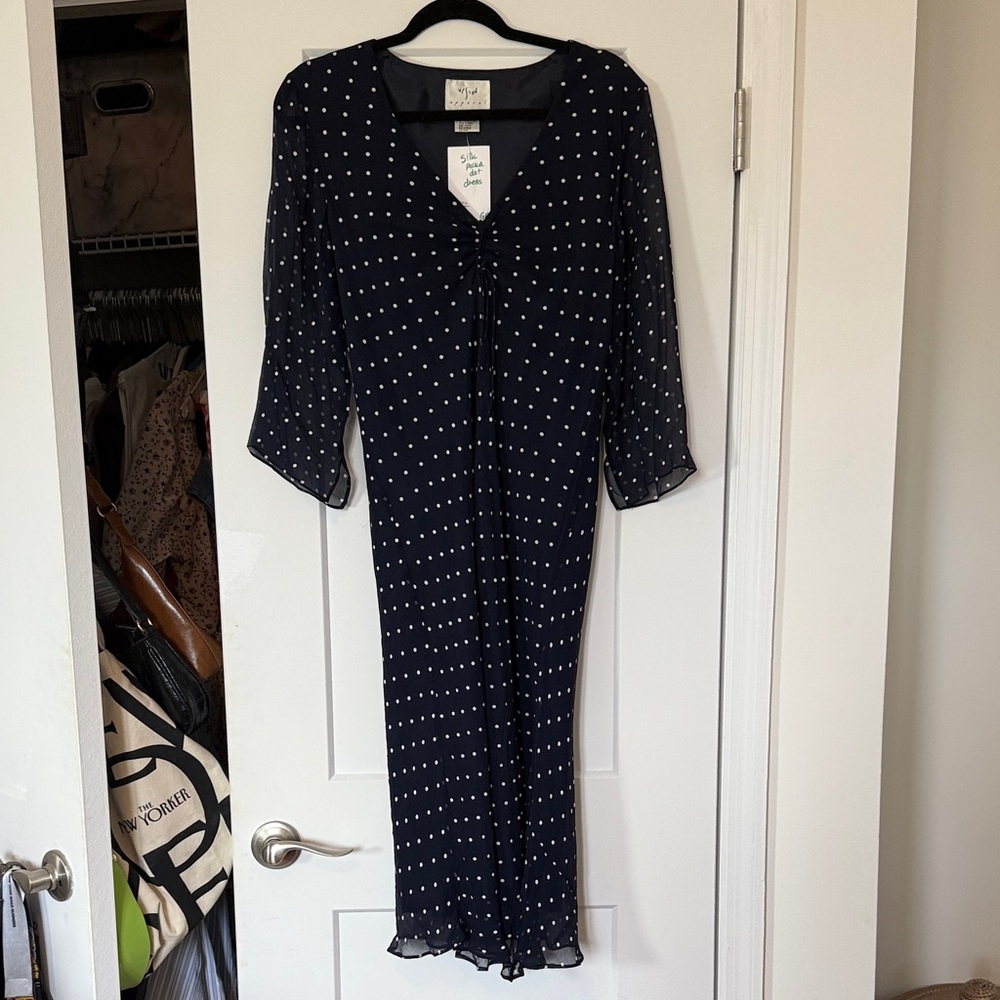 Silk Navy Long Sleeve Polka Dot Dress